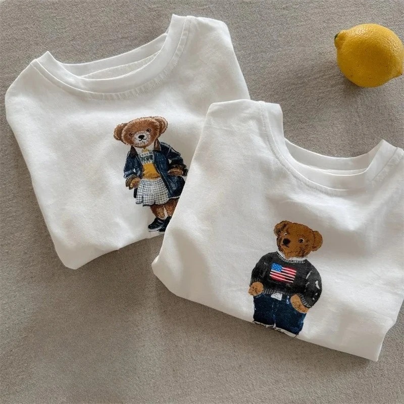 Baby Products Teddy Bear - 2026年子供用Tシャツ、砂糖添加、夏の新作、男の子女の子向け、漫画のテディベア柄半袖Tシャツ、ベビー用キュートな柄